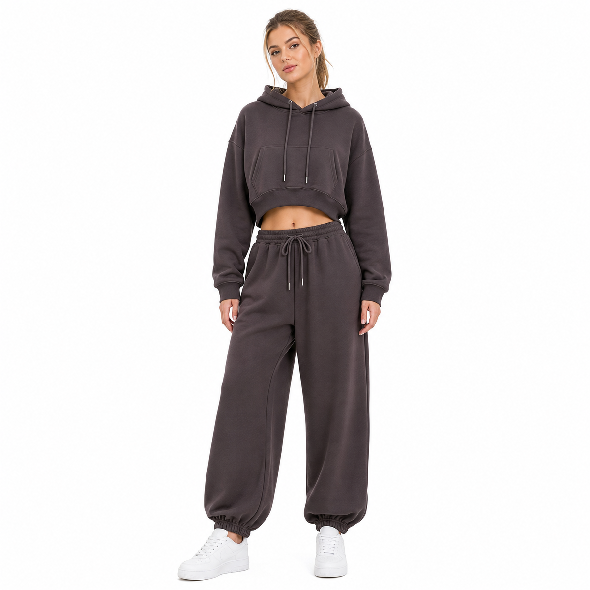 5 Color Hooded Fleece Short Sleeved Pullover Set for Women Loose Fitting Pure Color Waistband Crew Neck batwing Sleeve Suit