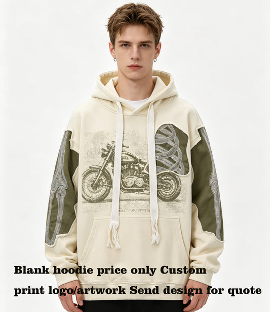 Bulk Wholesale Available Two Color Vintage Patchwork Distressed Patch Oversized Fleece Hoodie Unisex Vintage Fashion Style