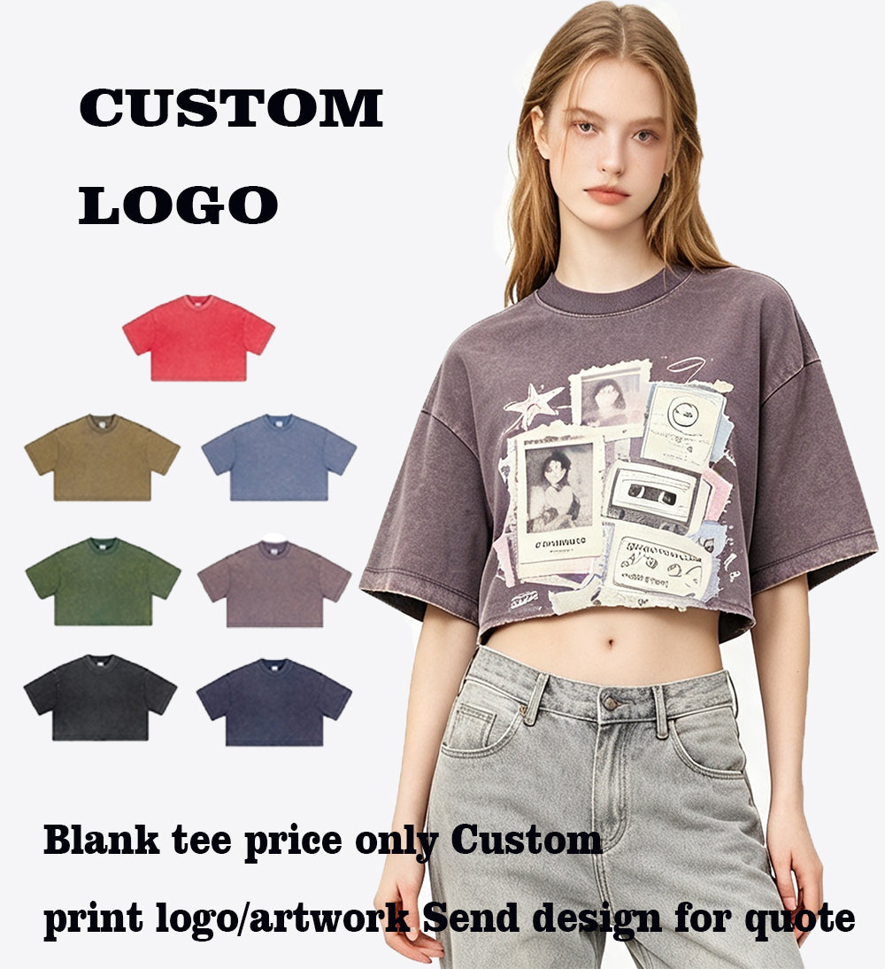 Tshirt Custom logo Summer Version Fitness Crew Neck Crop Top with Exposed Neckline and Waterwashed Finish Fashion Vintage Style