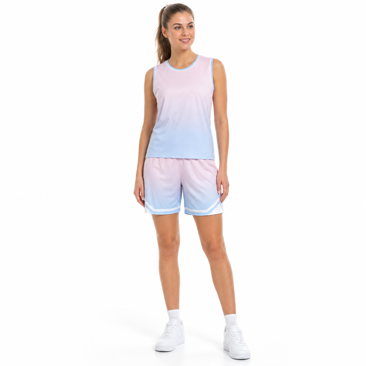 Fashion 5 Color Men's and Women's 100% Polyester Fiber Round Neck Basketball Uniform Set with Vertical Stripes and Plain Fabric