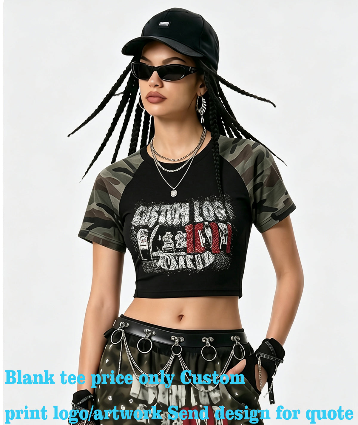 210G Hot Girl Camouflage Sleeved Short Sleeved t Shirt for Women Fitted Color Matching Design Short Style Bare Chest Design