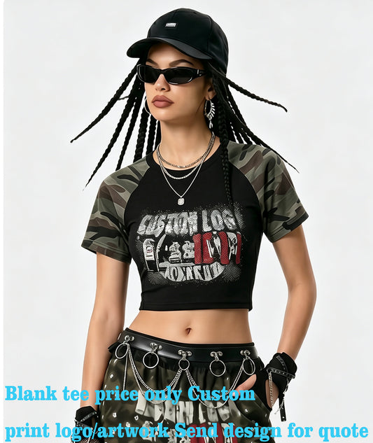 210G Hot Girl Camouflage Sleeved Short Sleeved t Shirt for Women Fitted Color Matching Design Short Style Bare Chest Design