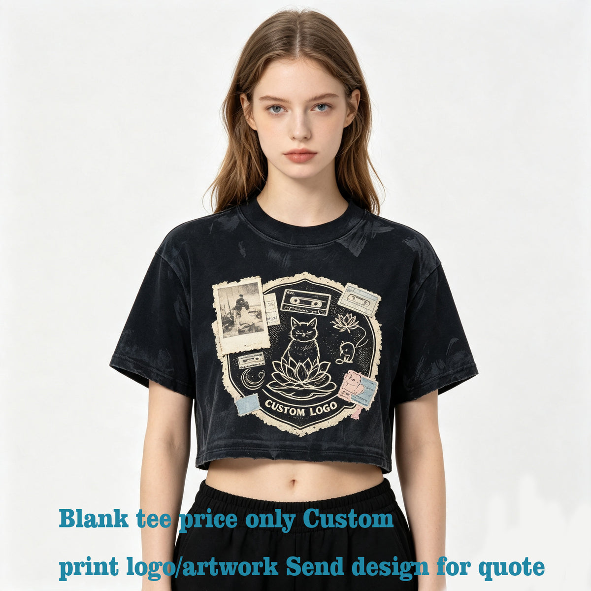 Oem Summer Version Loose Fitting Cotton Casual Brand T-shirt Muddy Aged Short Sleeved Crop Top with Exposed Neckline Plain Esign