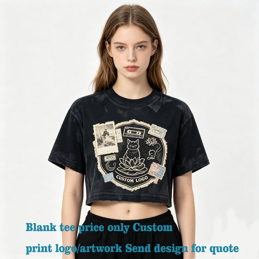 Oem Summer Version Loose Fitting Cotton Casual Brand T-shirt Muddy Aged Short Sleeved Crop Top with Exposed Neckline Plain Esign