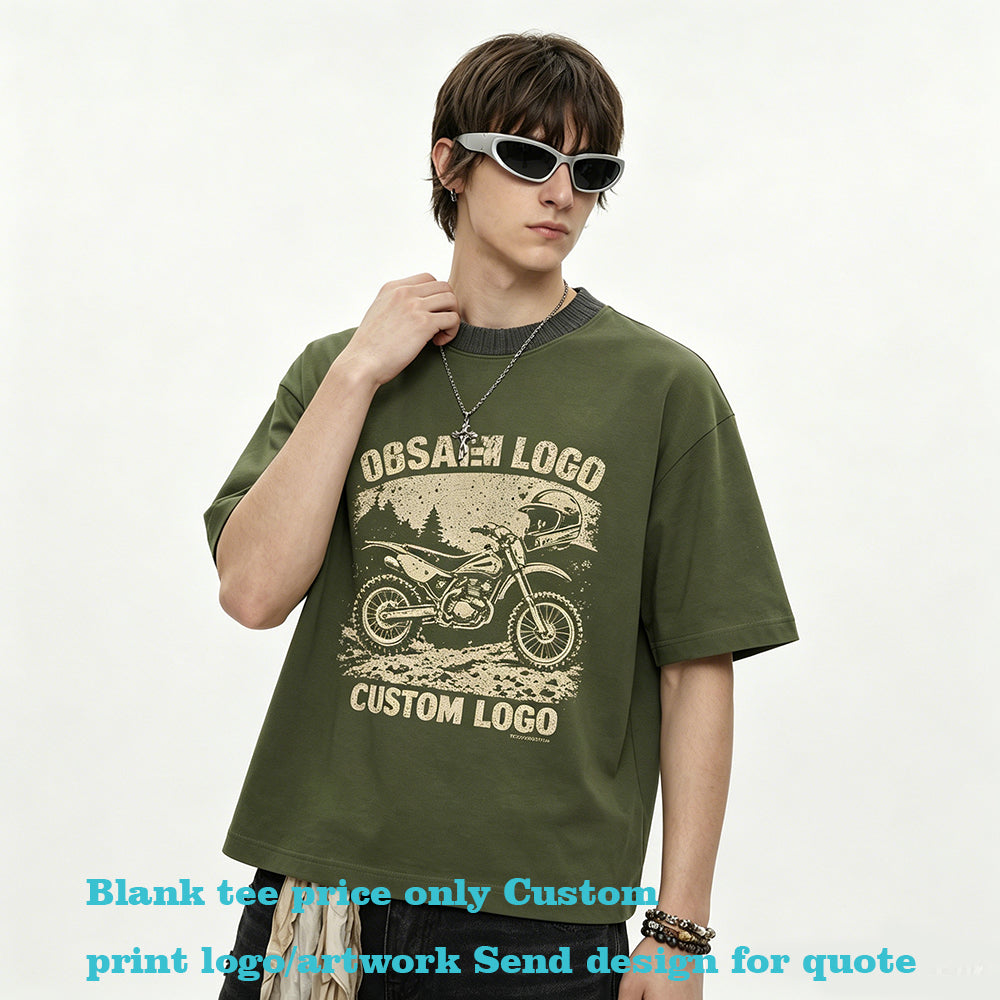 Customized Summer Version 305g Heavyweight 100 Cotton Knitted Patchwork Contrasting Color Collar BOXY Style Pure Cotton T Shirt