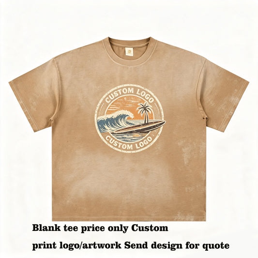 T Shirt Printing Custom 100% Cotton Round Neck Dropped Shoulder Faded Denim Wash Vintage Distressed T Shirt Vintage Design