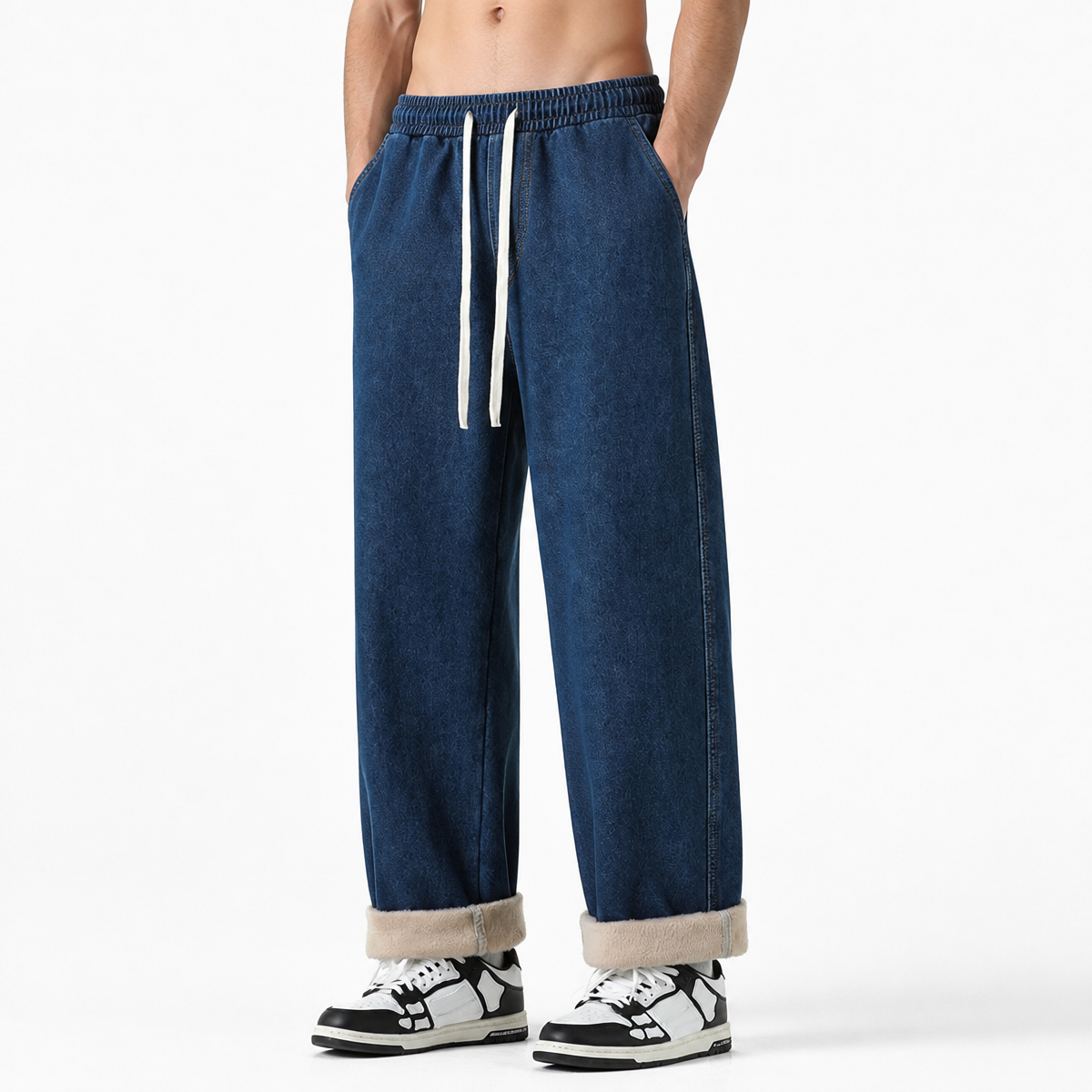 Customized 4 Color Fleece Thick and Warm Men's Jeans with Elastic Waist Trendy Brand Loose Straight Wide Leg Long Sweatpants