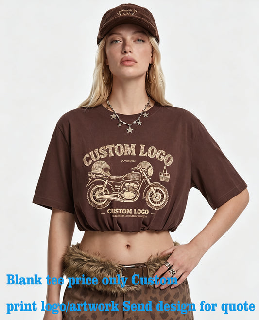 Customized Summer Version Double Layered Silhouette Short Sleeved Puff Sleeved Low Cut Top for Women T-shirt From a Trendy Brand