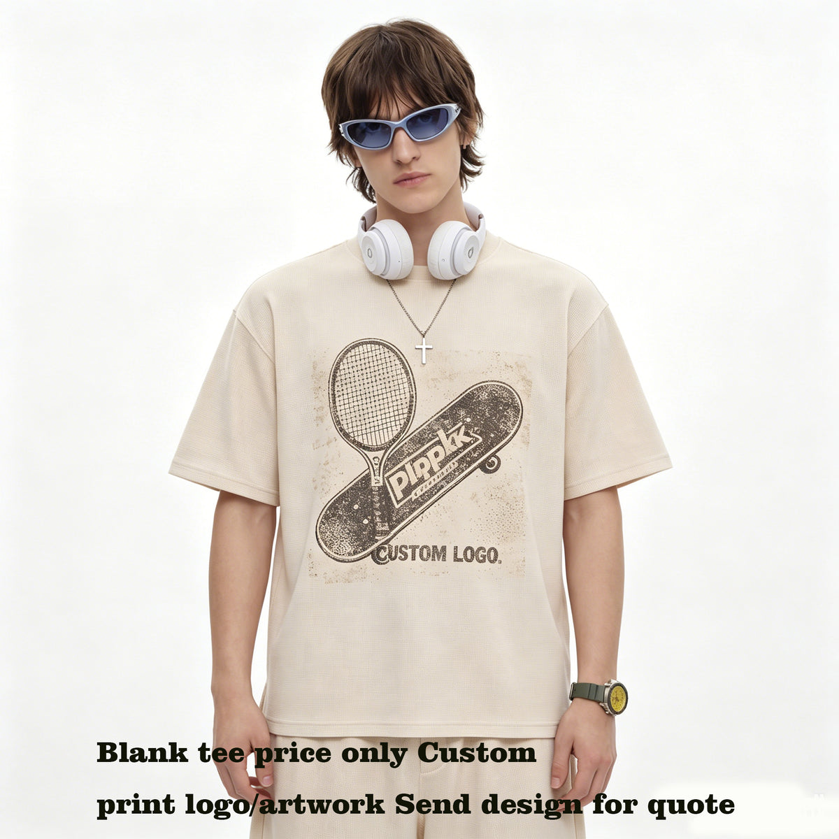 American Style Short Sleve Heavyweight Waffle Round Neck Slit Tshirt Men Tshirts High Quality T-shirt From a Trendy Brand