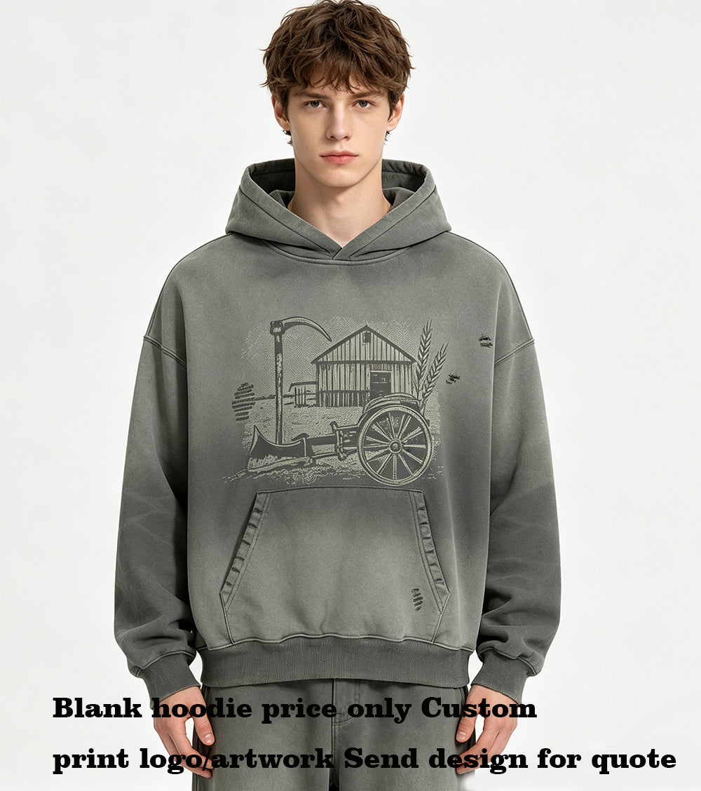 Hoodie Manufacturers Fall and Winter Style Thick Fleece Loose Short Sleeved Hoodie with Washed Gradient Hood Vintage Design