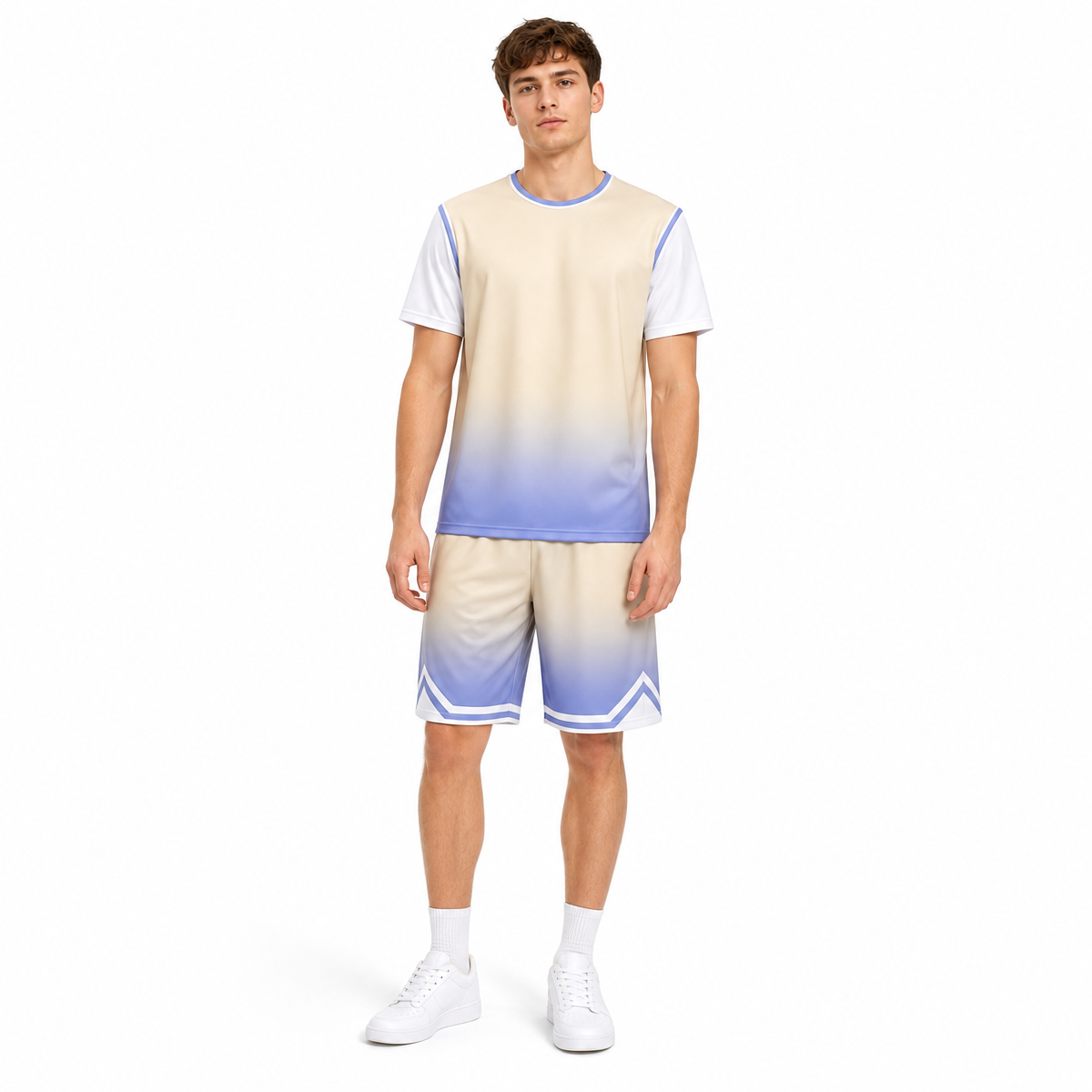 5 Color Men's and Women's 100% Polyester Round Neck Basketball Uniform Set Fake Two Pieces with Vertical Stripes of Beige Fabric