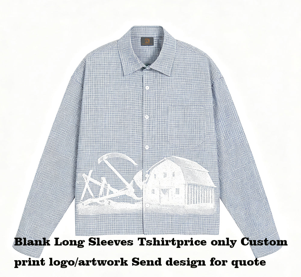 Oem Customize Your Own Exclusive Design Fine Check Square-cut Short Sleeved Casual Long Sleeved T Shirt for Men Check Shirt