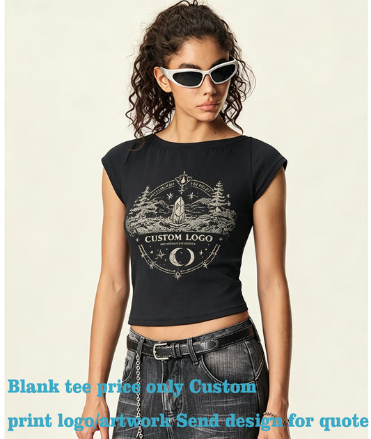Customize Your Own Exclusive Design Hot Girl Style Short Sleeved T Shirt with Close Fitting Elastic Short Sleeves for Women