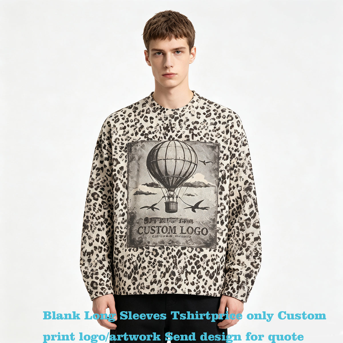 Long Sleeve Tshirt Manufacturer BOXY Leopard Print Waffle Knit Crew Neck Long Sleeve T-shirt Men High Quality American Style