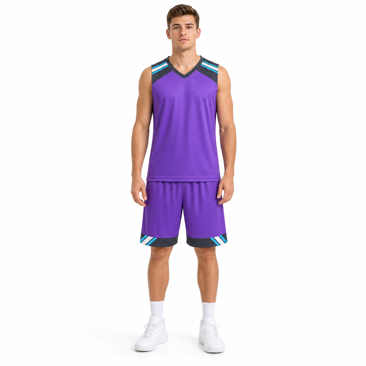 Custom logo 5 Color Men's and Women's 100% Polyester Fiber V Neck Basketball Uniform Set with Vertical Stripes and Plain Fabric