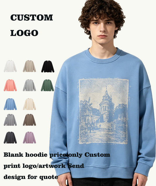 Customized Hoodie Unisex 14 Color Fleece Loose sleeved Round Neck Pullover Hoodies 100 Cotton Blanc American Vintage Style