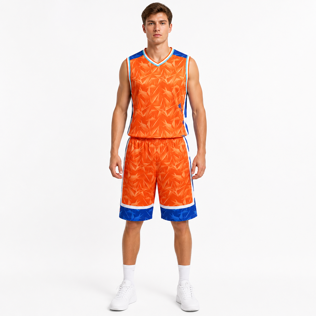 Wholesale Customized 5 Color Men's and Women's 100% Polyester Fiber V Neck Basketball Uniform Set Basketball Jacquard Fabric