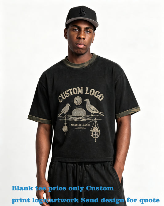 Oem Brand BOXY Pure Cotton Short-Sleeved T Shirt American Street Style Snowflake Contrasting Color Camouflage T Shirt Short"