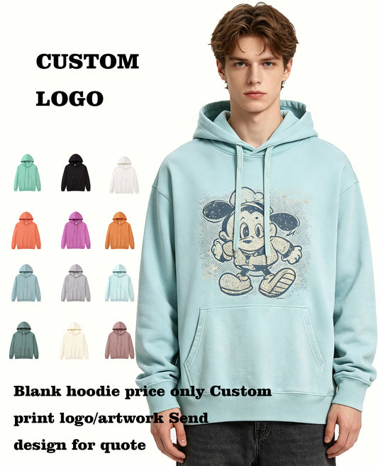 Customized Blanks Pure Cotton Pullover with Loose and Slightly Dropped Shoulders and a Hood Plain for Printing Vintage Style