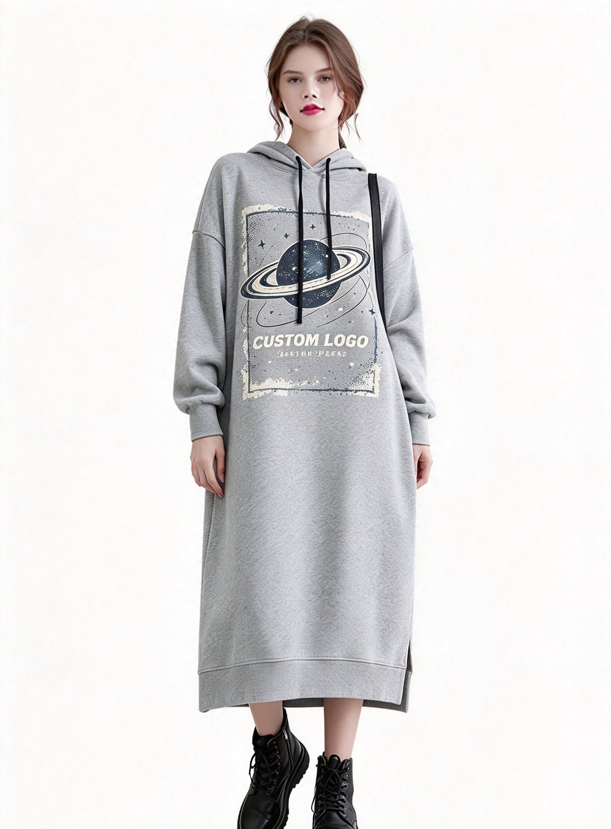 Manufacturer Hoodies 3 Color Fleece Lined Casual Hooded Drawstring Solid Color Mid Length Long Sleeved Pullover Dress for Women
