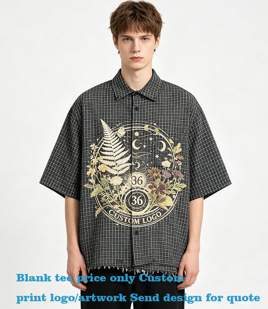 High Quality Disruptive Short Sleeved Men's Casual Boxy Plaid Shirt with Fine Horizontal Stripes on the Hem American Style