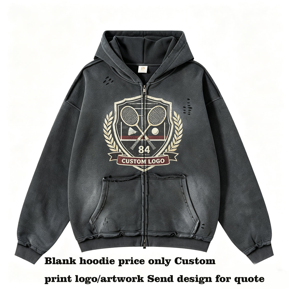 American Style Gradient Color Men's Hooded Pullover with Horsehair Fringe at the Hem and Open Chest Zipper High Quality Hoodie