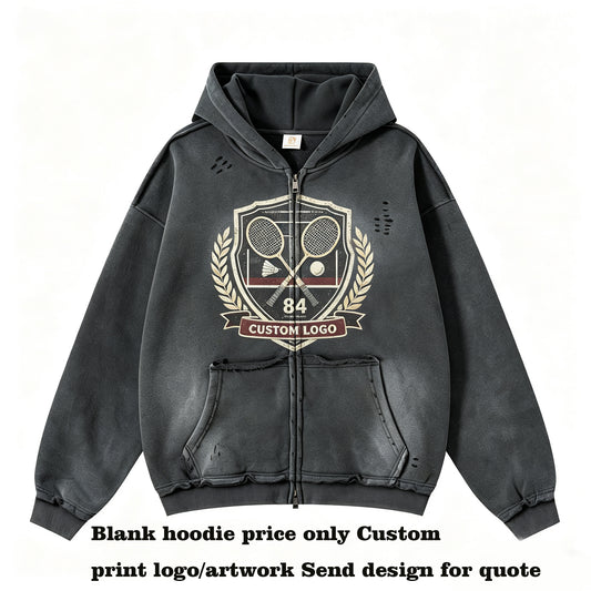 American Style Gradient Color Men's Hooded Pullover with Horsehair Fringe at the Hem and Open Chest Zipper High Quality Hoodie