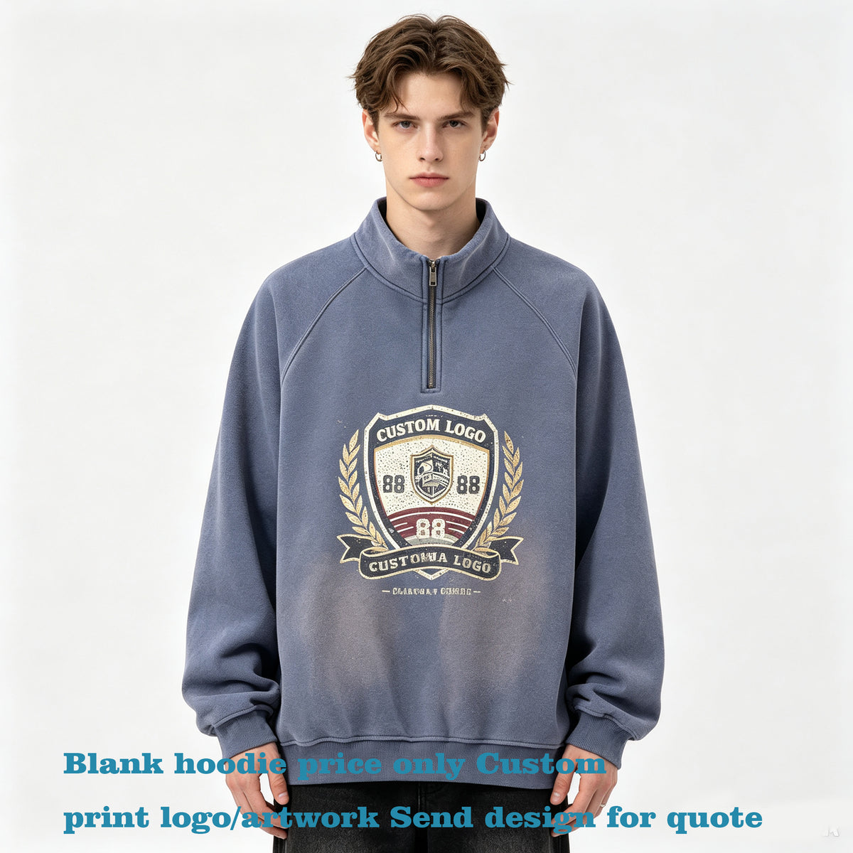 Customized Gradual Gradient Print Horse Chestnut Half Zip Stand up Collar Pullover with Fleece Hood and Shoulder Sleeves