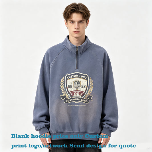 Customized Gradual Gradient Print Horse Chestnut Half Zip Stand up Collar Pullover with Fleece Hood and Shoulder Sleeves