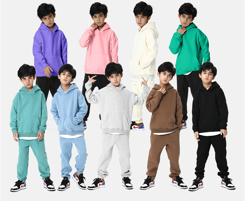 Custom Blank 100% Cotton Heavyweight Fleece High Quality Streetwear Thick Puff Print Fashion Pure Color Children's Hoodies