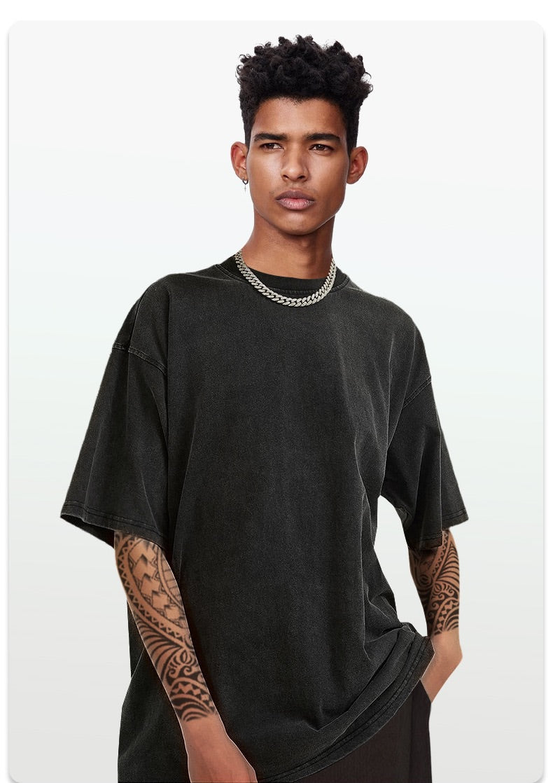 Custom logo Vintage 100% Cotton Washed Pure Color Blank Unisex High Quality Streetwear Black Drop Shoulder Round Neck T-shirts