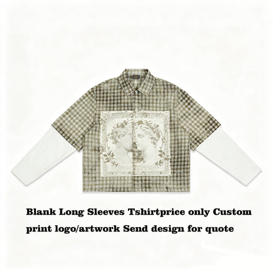 OEM Customized LOGO Two Piece Short Plaid Shirts for Men in Loose Fit with Heavyweight Long Sleeves Tshirts American Style