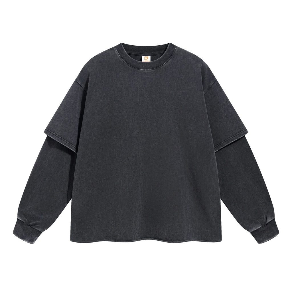 Heavyweight 100% Cotton T-shirt Custom Drop Shoulder High Quality Round Neck Streetwear Vintage Patchwork Long Sleeve T-shirt