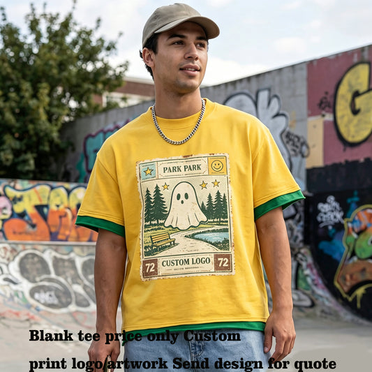 Oem 100 Cotton Color Matched Patchwork Fake Two Piece Retro Short Sleeved Men's Shirt Loose Fitting Cotton Casual Brand T Shirt
