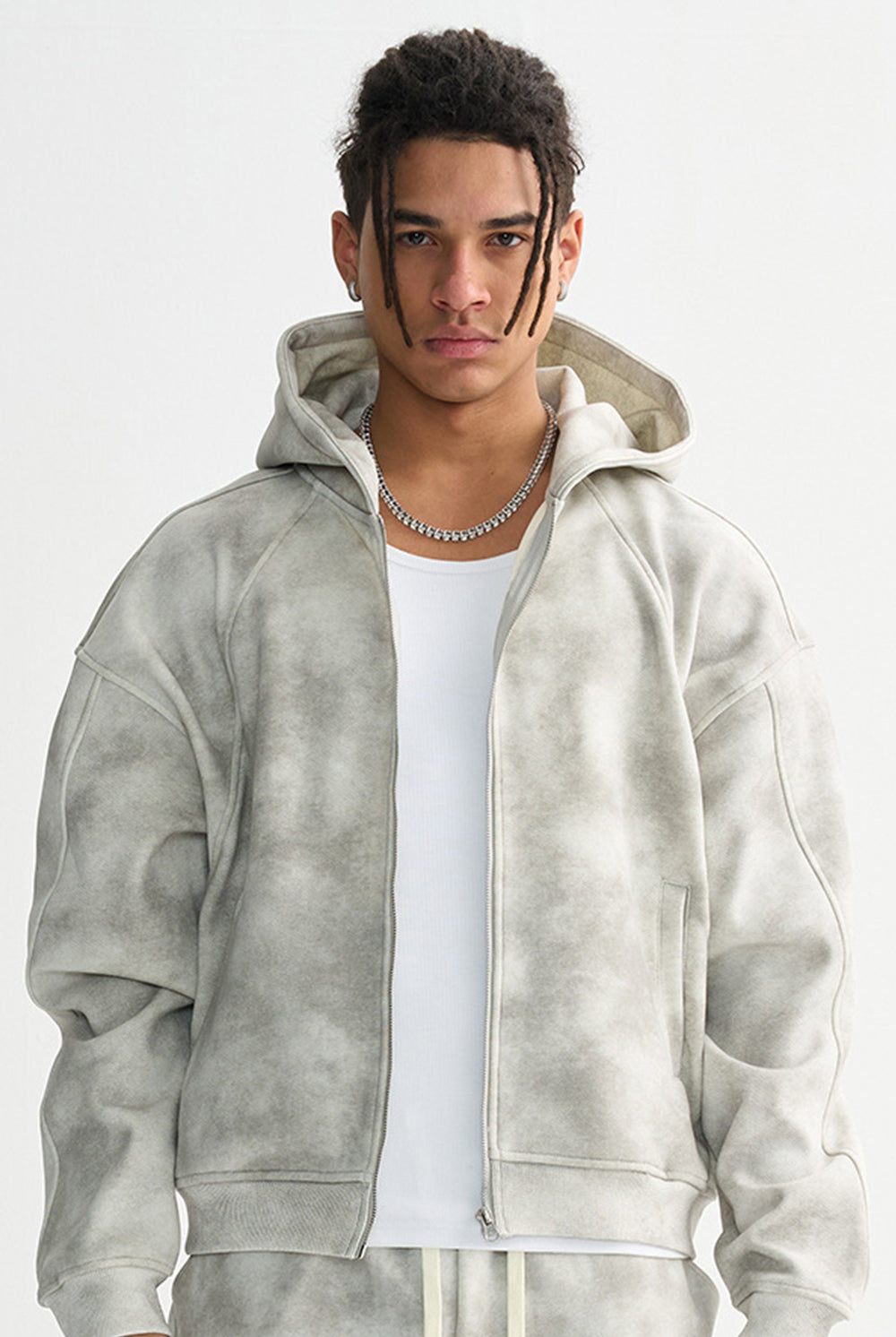 Retro Distressed Style Zipper Hoodie for Men Trendy Brand Winter Top Heavyweight Hoodie Men's Hooded Sweater Lined with Fleece