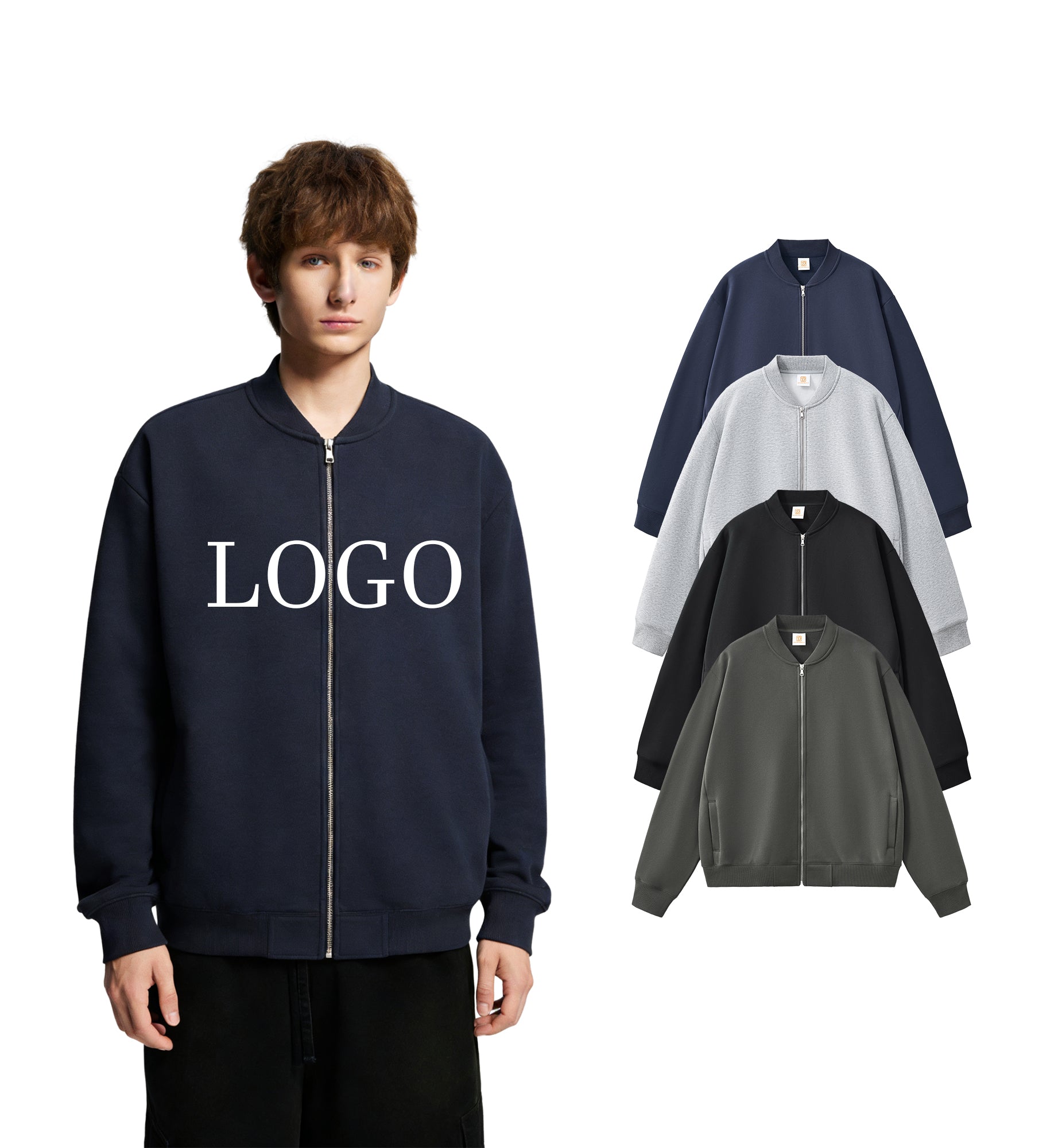 Black Stand Neck Custom Full Zip up Jacket High Quality Distressed Embroidery Streetwear Heavyweight Drop Shoulder Men's Hoodies