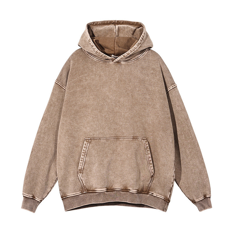 Custom Retro Circle 100% Cotton Waxed Distressed Hooded Sweatshirt Loose Washed Long Sleeved No Collar Rope Sweatshirt Oversized