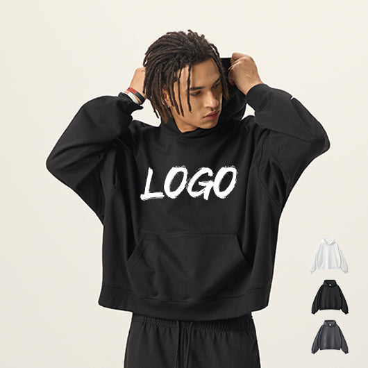 Boxy Fashion Hoodie Embroidery Custom Short Style Streetwear Terry Heavyweight Pure Color 420G High Quality Drop Shoulder Hoodie