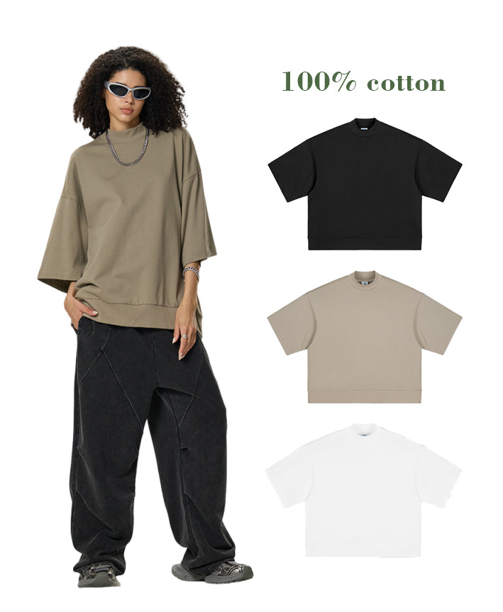 305G Heavyweight 100% Cotton Drop Shoulder T-short Boxy High Quality Print Sublimation Short-sleeved with Small High Collar