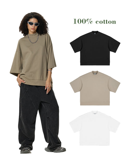 305G Heavyweight 100% Cotton Drop Shoulder T-short Boxy High Quality Print Sublimation Short-sleeved with Small High Collar
