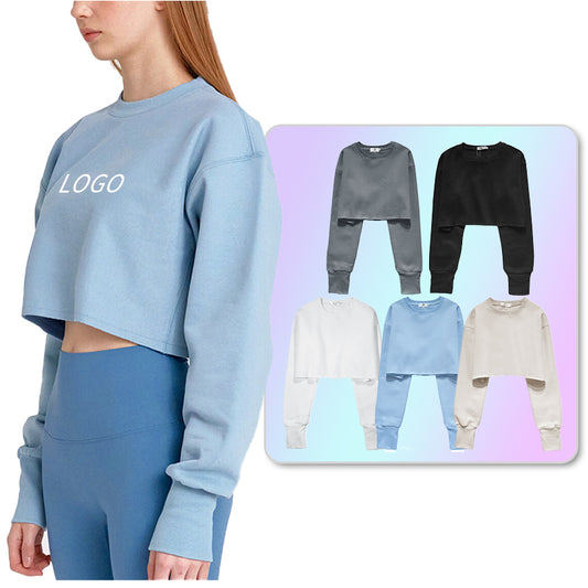 Crop Top Fleece Blank Pullover Heavyweight Streetwear Drop Shoulder Pure Color Custom Puff Print Women's Hoodies Sweatshirts