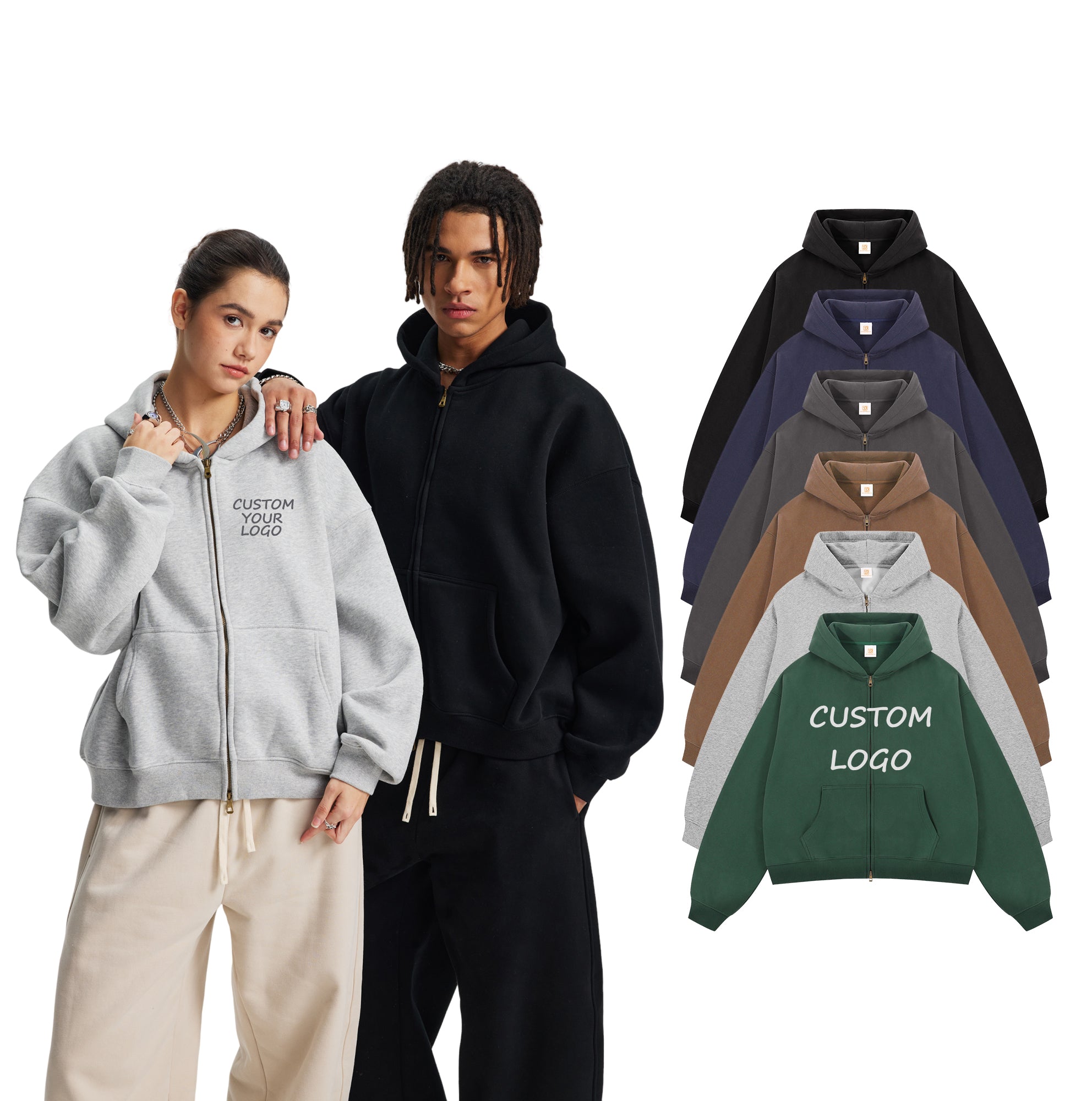 Boxy Loose Double-headed Zipper Fleece Custom Puff Print Short Unisex High Quality Drop Shoulder Heavyweight Streetwear Hoodie