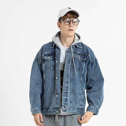 Customized 3 Color Loose Denim Jacket with Patchwork Hoodie Detachable Hood Loose Retro Distressed Work Jacket Detachable Hat