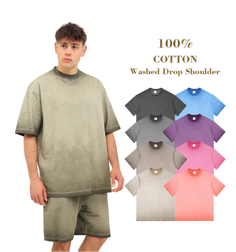 Washed Drop Shoulder Custom Blank T-Shirt Vintage Heavyweight Gradient Color Screen Print Round Neck Design Cotton T-shirts