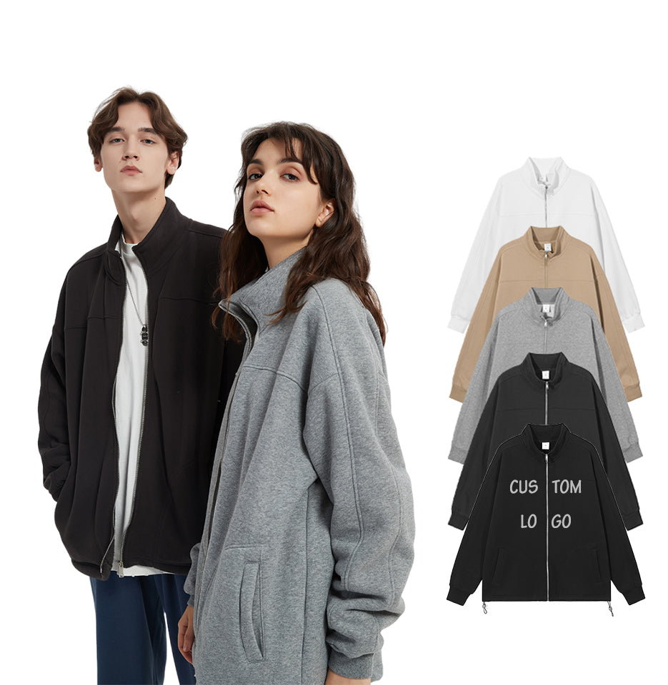 400G Heavyweight Stand Collar Polar Fleece Blank Full Zip Custom Puff Print Unisex High Quality Drop Shoulder Fashion Hoodie