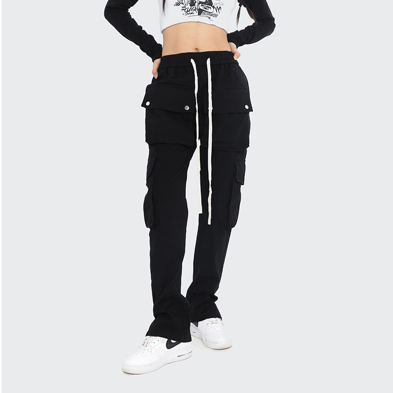 Black European High Street Vibe Button Down Multi Pocket Work for Trendy Streetwear Brand Loose and Casual Long Sweatpants