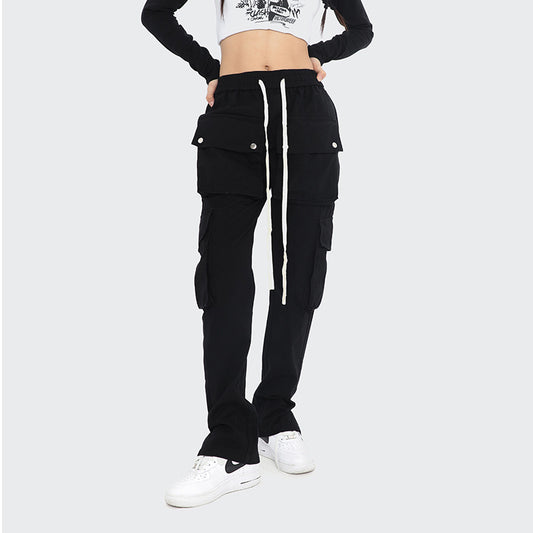 Black European High Street Vibe Button Down Multi Pocket Work for Trendy Streetwear Brand Loose and Casual Long Sweatpants