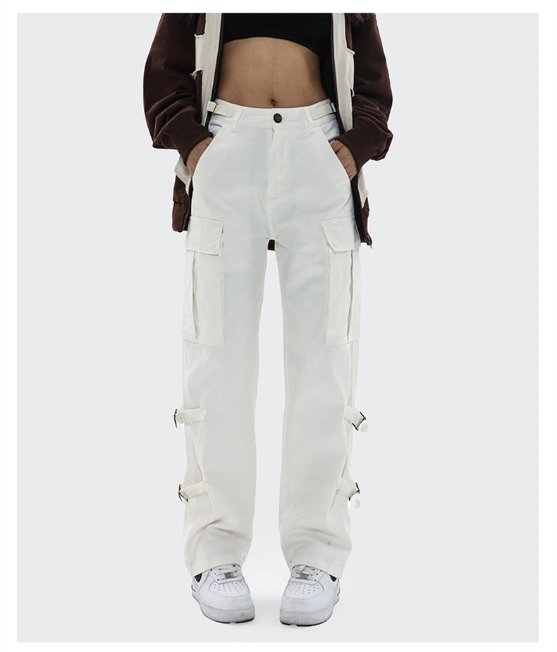 2 Color Japanese Style Casual Wide Padded Belted Workwear Pants with Loose Straight Legs Adjustable Waist and Legs Sweatpants