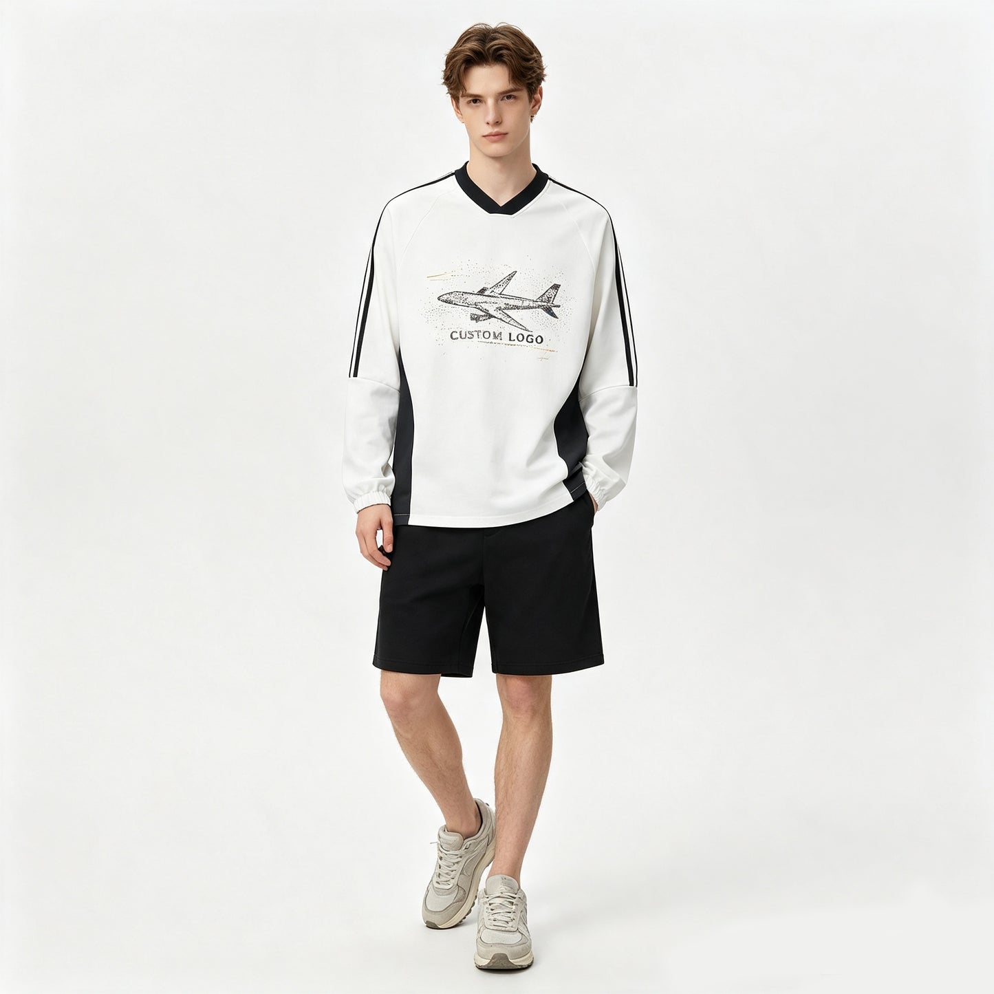 Custom logo Patchwork Contrasting V Neck Basic Long Sleeved T-shirt From a Trendy Brand High Quality Free Sample Design