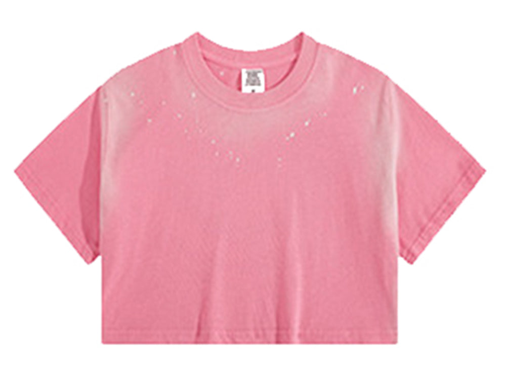 4 Color Water Wash Distressed Ink Splashed Cool Girl Short Sleeved T Shirt for European/US Style Dance Wear with Exposed Midriff